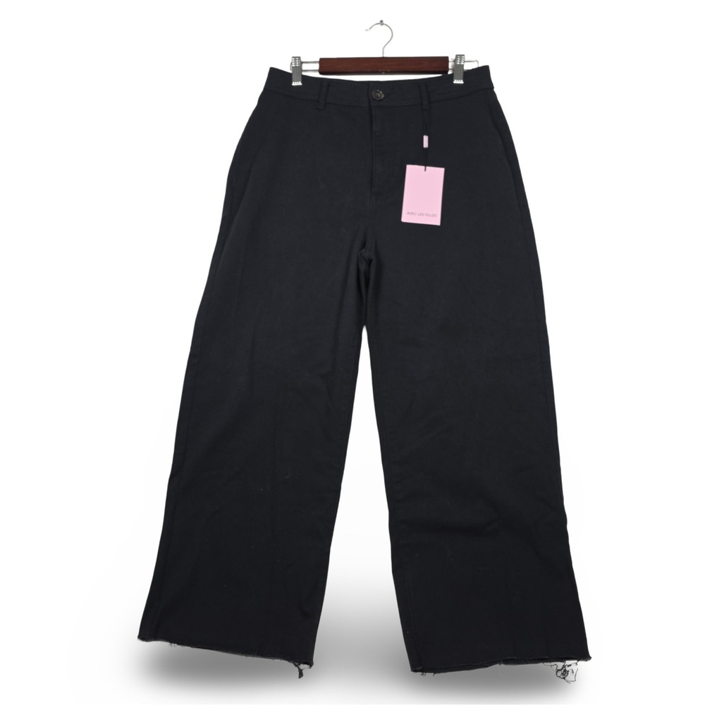 Avec Les Filles Jeans Sz 30 Deep Black Wide Leg Crop Raw Hem High Rise Pants NWT